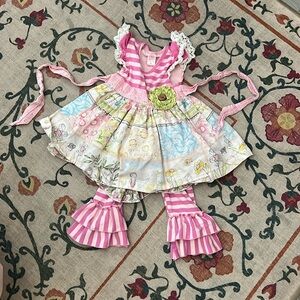 Giggle Moon Pink & White Striped Floral Tiered Dress Set